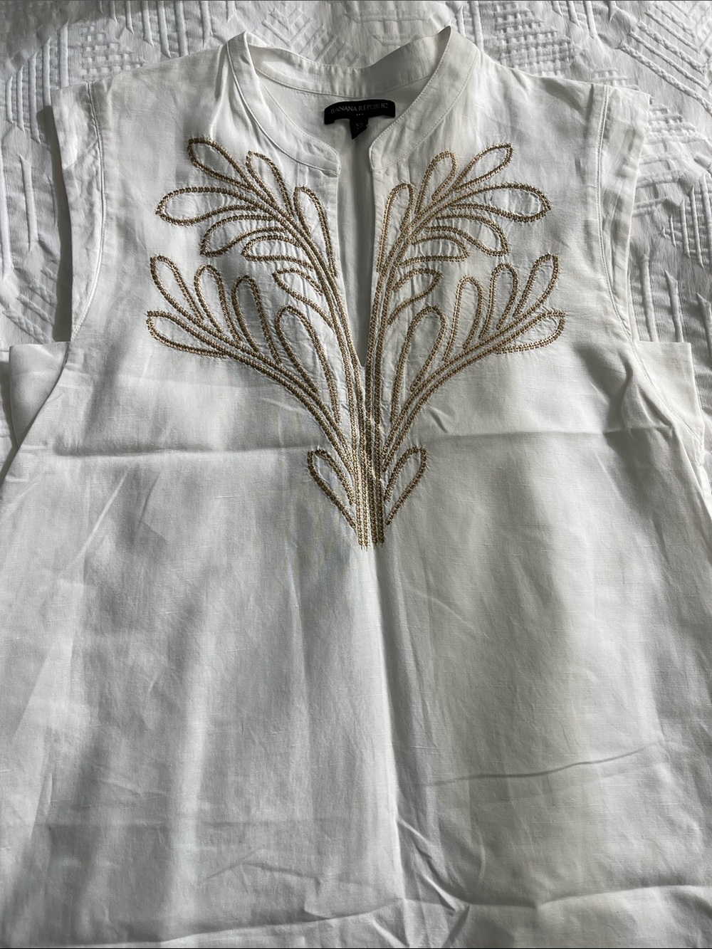 Banana Republic White Midi Dress with Gold Embroidery